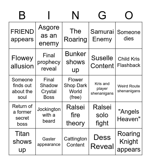 Deltarune Bingo Card