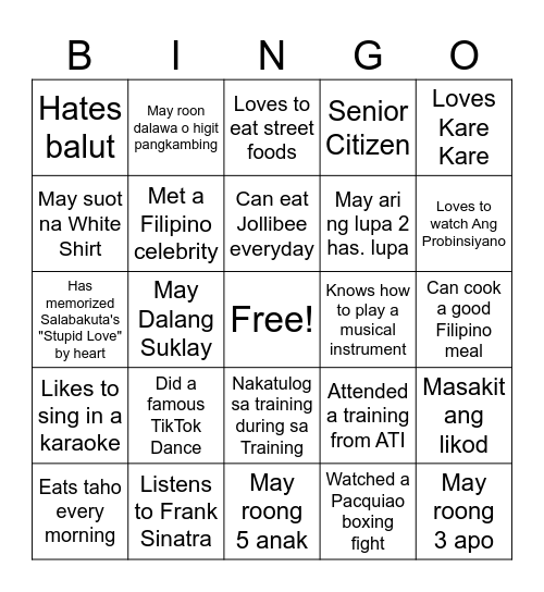 Ultimate Filipino Human Bingo Card