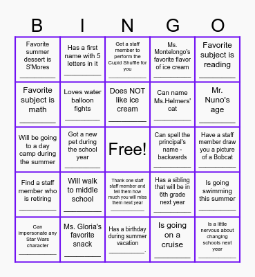 End of School Year Bingo Card