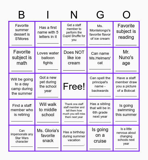 End of School Year Bingo Card