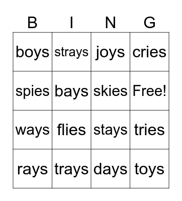 Adding suffix (-s/-es) Bingo Card