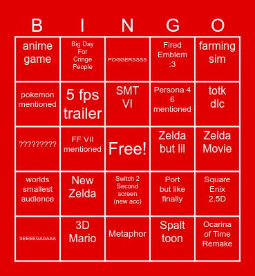 Neentendo Bingo Card