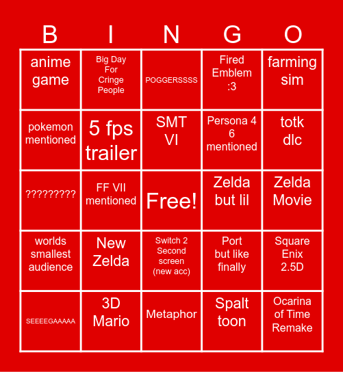 Neentendo Bingo Card