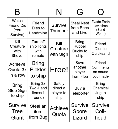 Lethal Company BINGO Card
