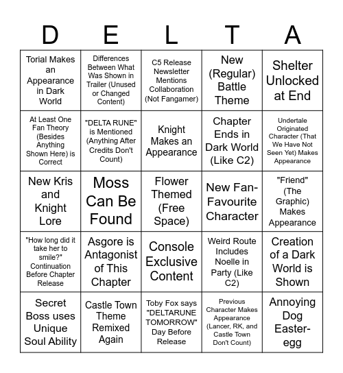 DELTARUNE Chapter 5 Bingo (Post Announcement Trailer) Bingo Card