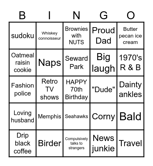 Les' 70th Birthday Bingo Card