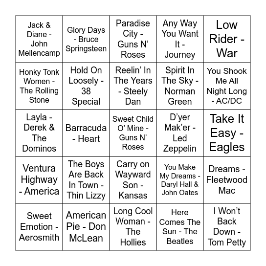 Classic Summer Rock Bingo Card