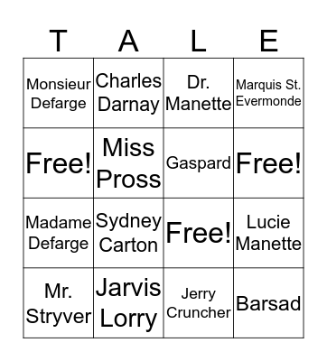 A Tale of Two Cities-Characters Bingo Card