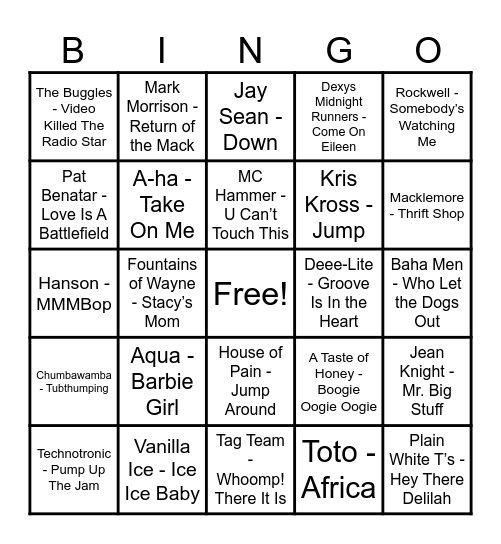 Round 5 - One Hit Wonders Bingo Card