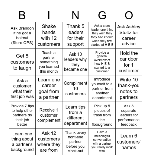 H-E-B Partner Bingo Card
