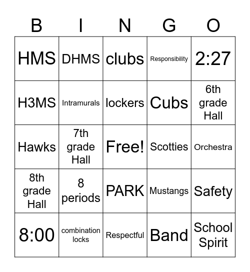 6th Grade Bingo Card