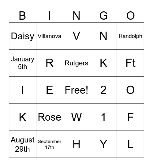 Carina Bingo Card
