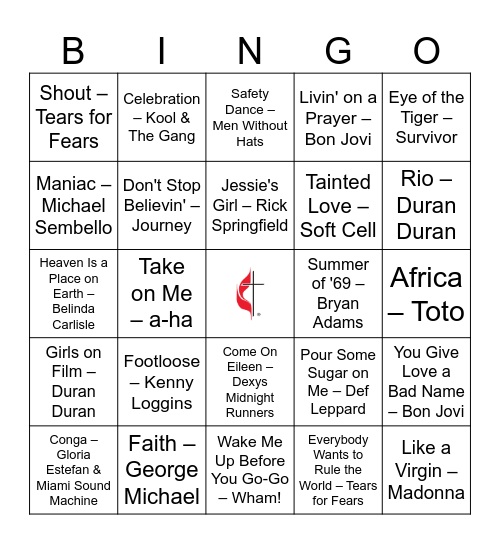 GFFUMC Family Fun 80's Music Bingo Card