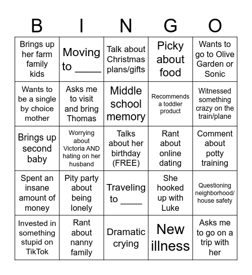 Sara Visit Bingo Card