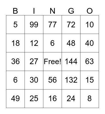 Multiplication Bingo Card