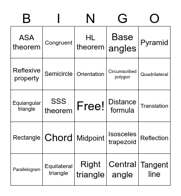 Year End Geometry Review Bingo Card