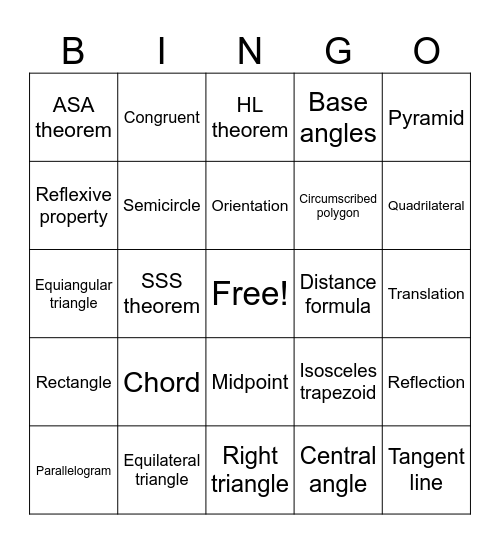 Year End Geometry Review Bingo Card