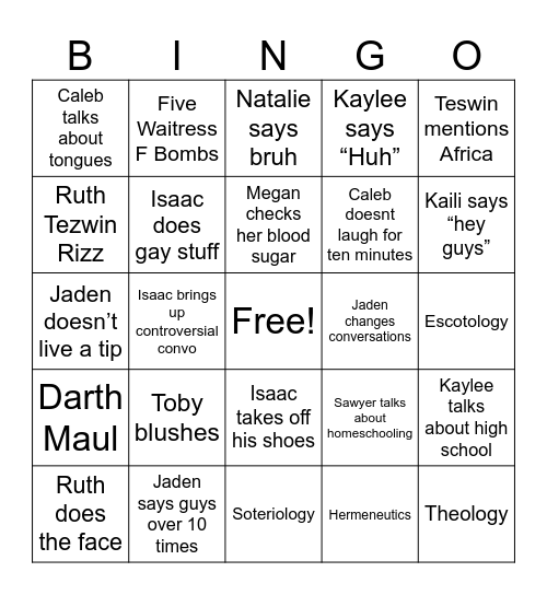 Applebees Stuff Bingo Card