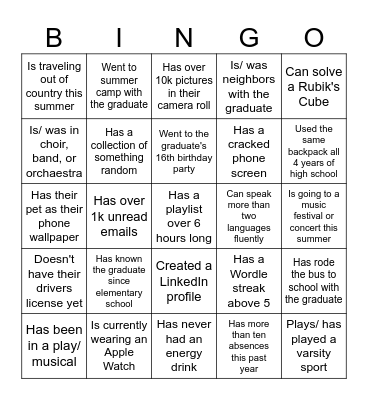 Soha's Graduation Party Bingo Card