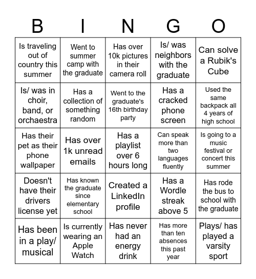Soha's Graduation Party Bingo Card