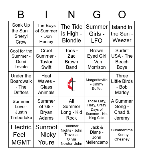 GFFUMC Family Fun Summer Songs Bingo Card