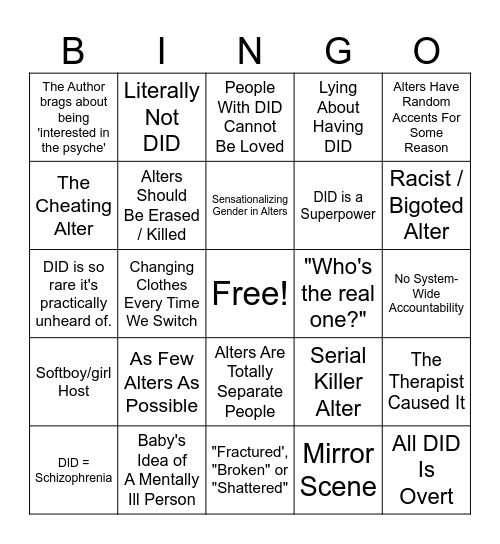 DID STEREOTYPE BINGO! Bingo Card