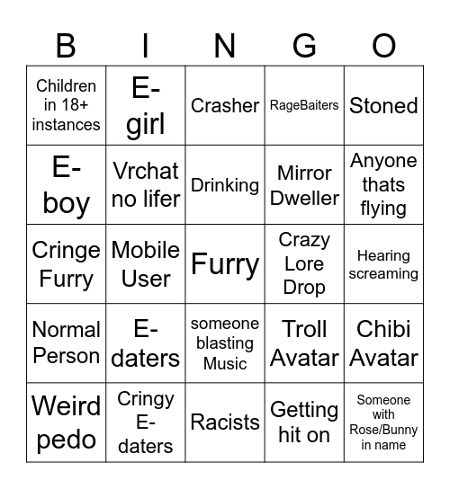 Vrchat Bingo Card