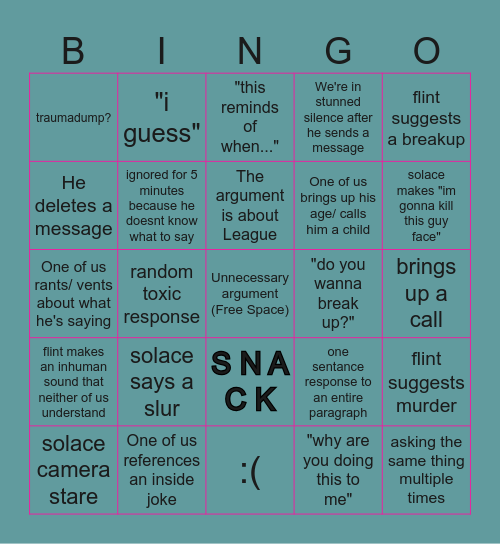Solace Boyfriend argument Bingo Card