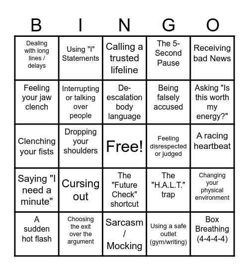 Aggression Reduction Group Bingo Card