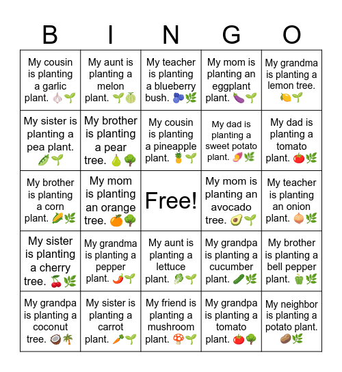 B3 L18 My grandma is planting a mango tree. 🥭🌱 Bingo Card