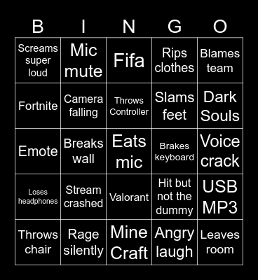 Gamer rage Bingo Card