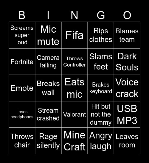 Gamer rage Bingo Card