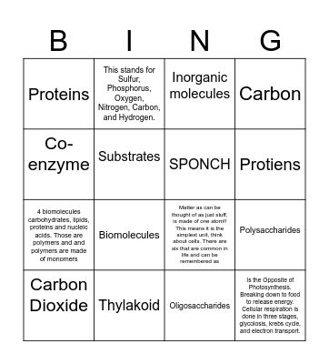 Chemistry of the cell Bingo Card