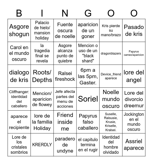 Deltarune V Bingo Card