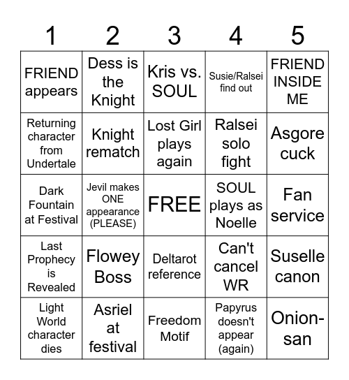 DELTARUNE Chapter 5 Bingo Card