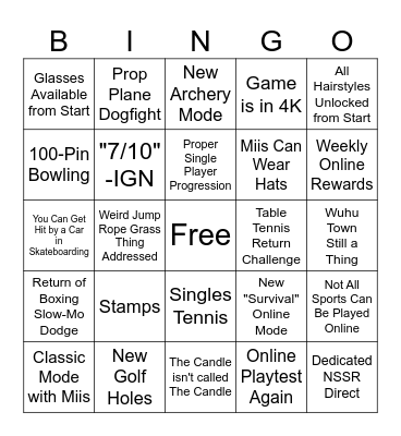 Switch Sports Resort Bingo Card