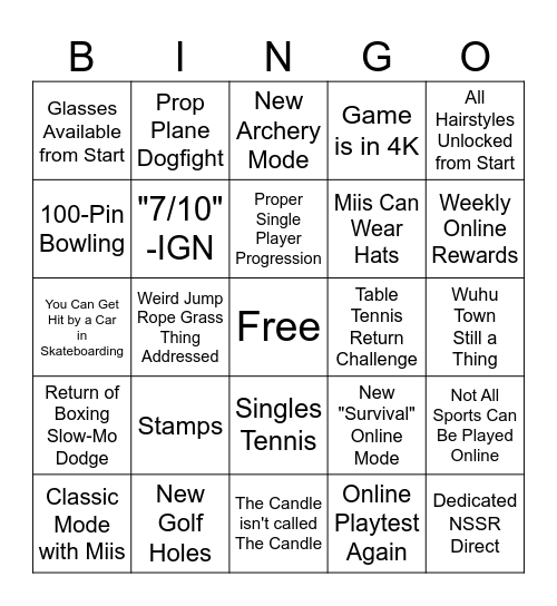 Switch Sports Resort Bingo Card