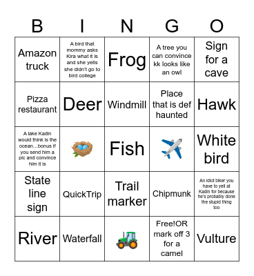 Bridal Veils Falls and road trip day Bingo Card