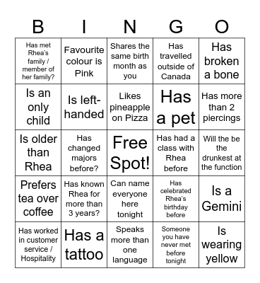 Rhea’s Birthday Icebreaker Bingo Card