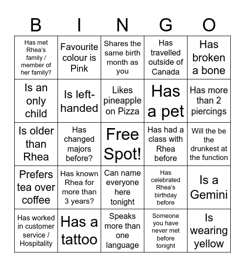 Rhea’s Birthday Icebreaker Bingo Card