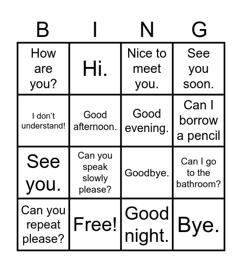 Vocabulario Bingo Card