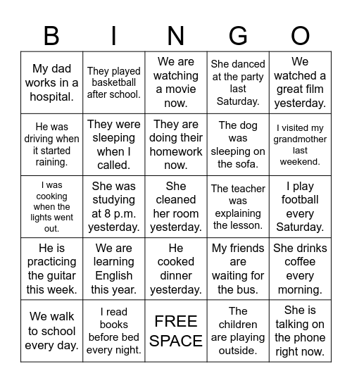 Bingo Tenses (P) Bingo Card