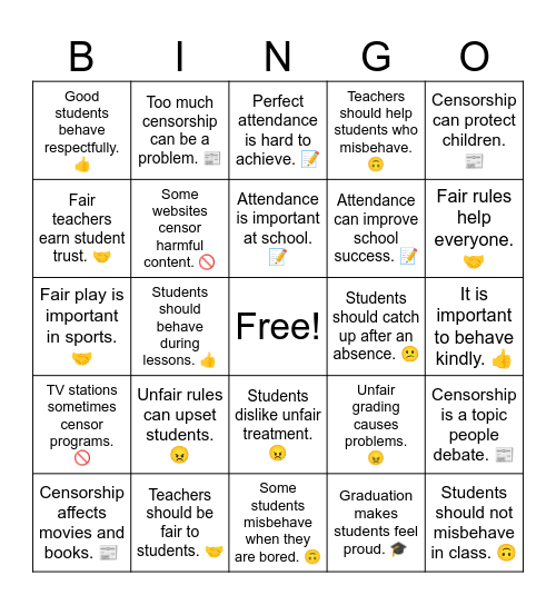 Debate 1 Lesson 2 Bingo Card