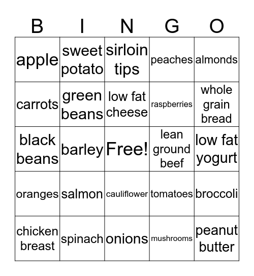 Nutrition Bingo Card