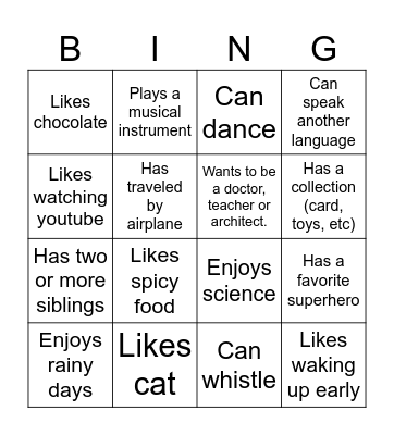Get to know others Bingo Card