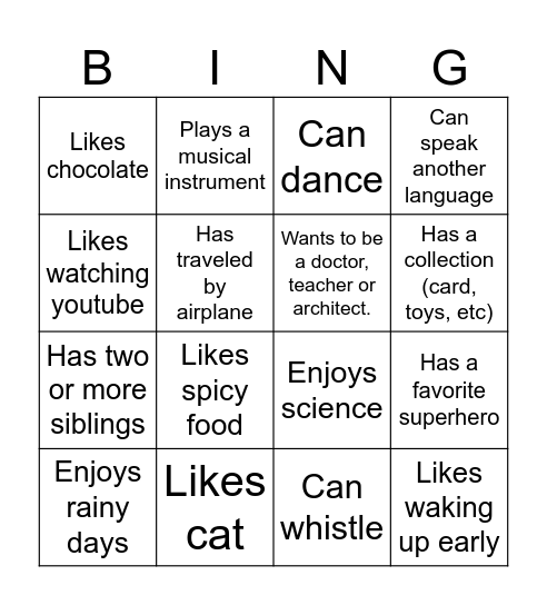 Get to know others Bingo Card