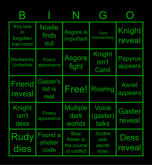 Deltarune chapter 5 Bingo Card
