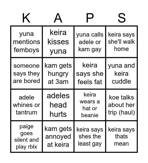 Sleepover Bingo Card