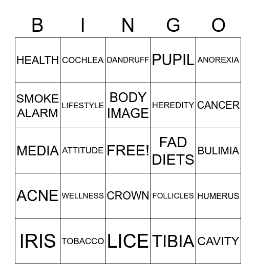 HEALTH Bingo Card