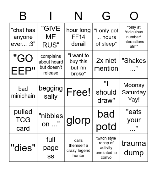 pee eff queue chat Bingo Card
